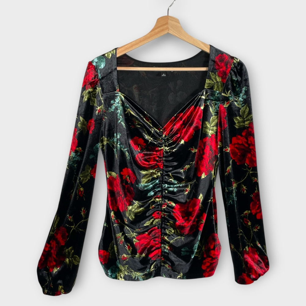INC Crushed Velvet Top MEDIUM Sweetheart Neck Romantic Goth Y2K Ruched Front